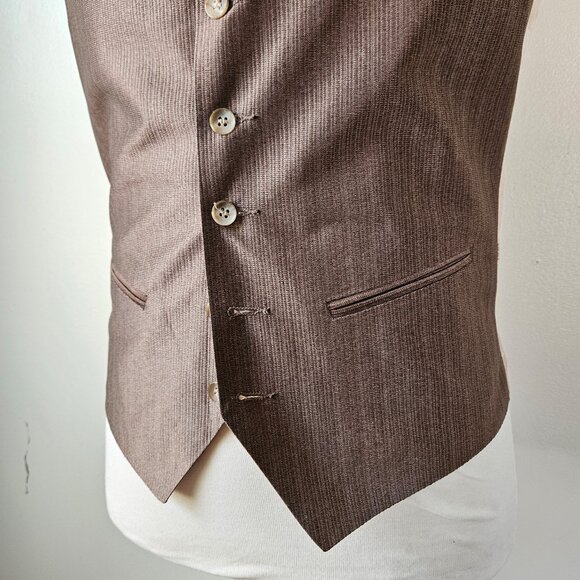 Vintage 70s Mens Brown Striped Shiny Polyester Dress Vest Disco Cinch Medium - Picture 3 of 6